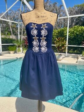 Lilly Pulitzer Mayfield Strapless Dress - Size 4, Navy Beaded Seashell